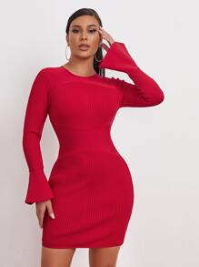 Vestido de canalé de manga con volante unicolor - Rosa Roja - Ver 5