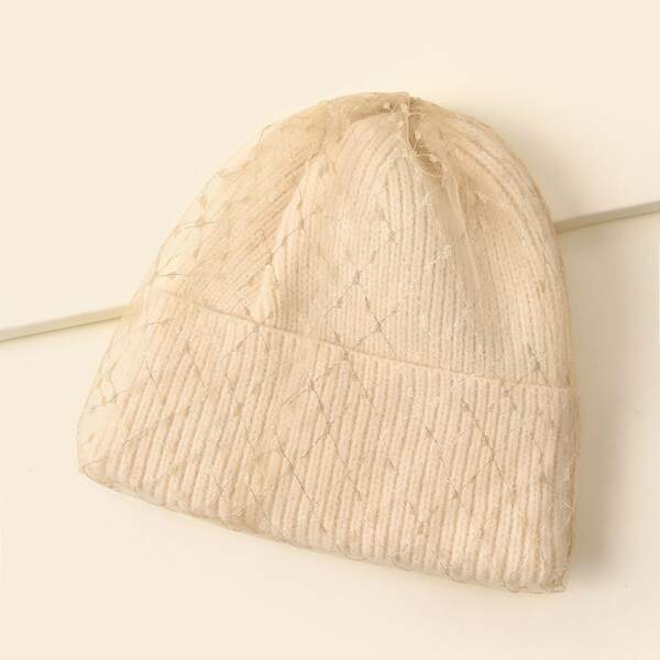 

Plaid Mesh Knit Beanie, Beige