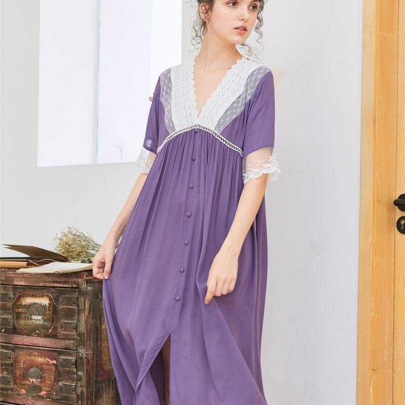 

Floral Lace Button Front Night Dress, Violet purple