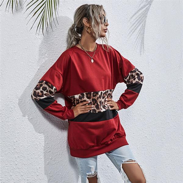 

Leopard Colorblock Drop Shoulder Oversized Sweatshirt, Burgundy