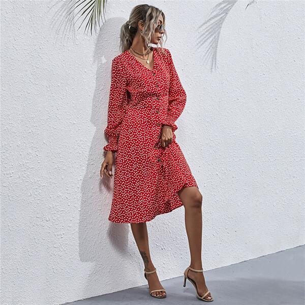 

Ditsy Floral Button Front Dress, Red