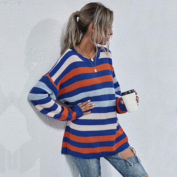 

Striped Pattern Drop Shoulder Sweater, Multicolor