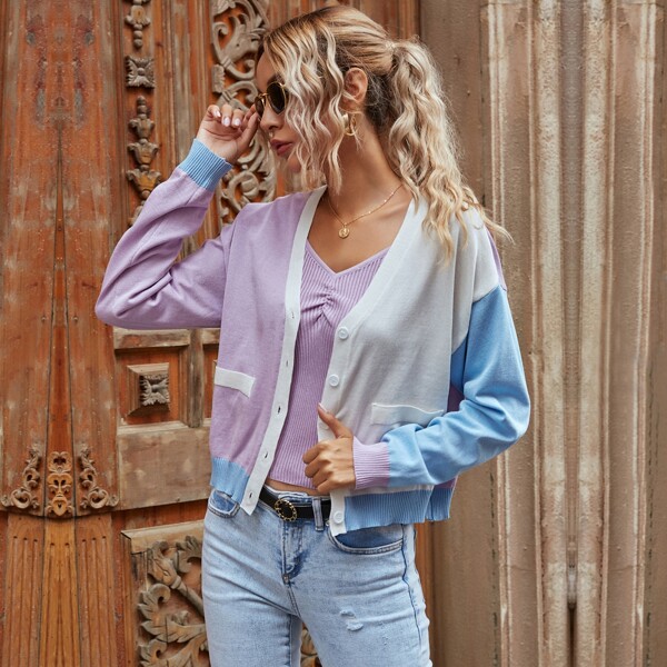 

Drop Shoulder Color-block Cardigan, Multicolor