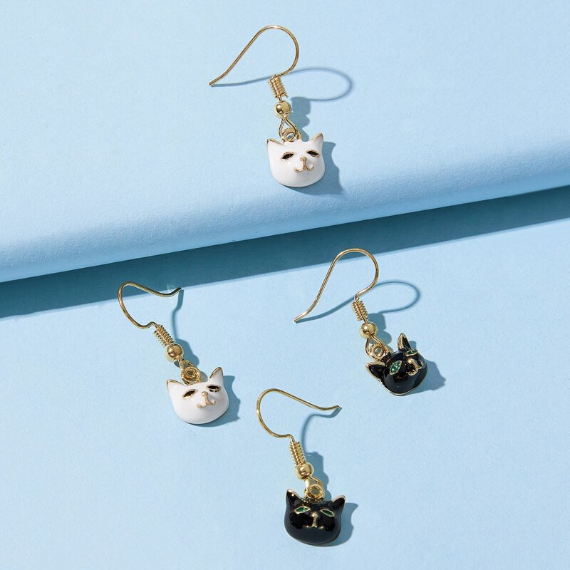 

2pairs Cat Drop Earrings, Black and white