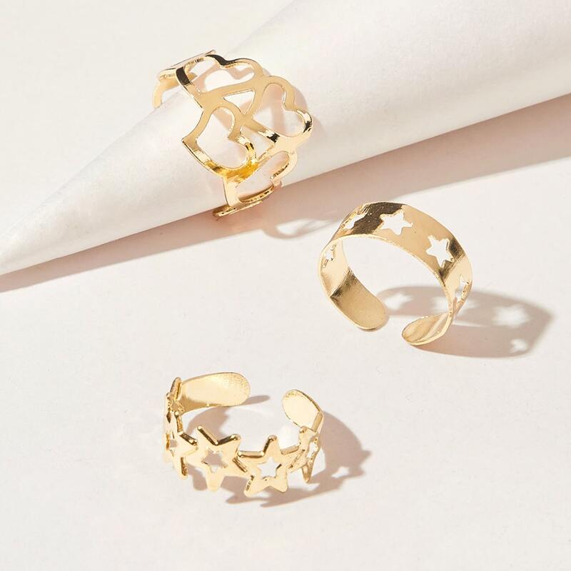 

3pcs Hollow Star & Heart Ring, Gold