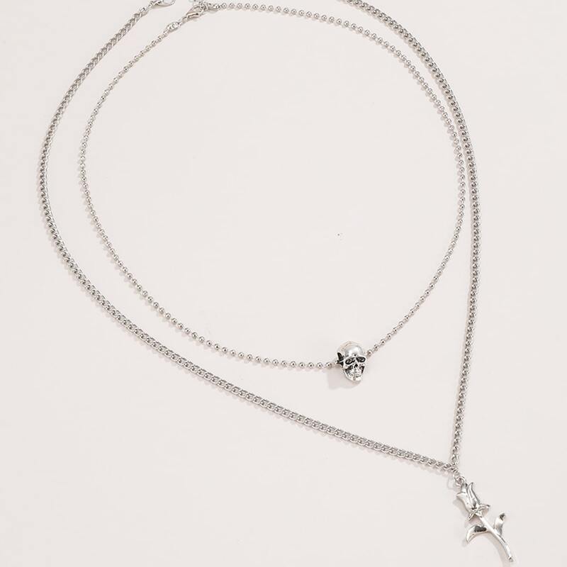 

2pcs Skeleton & Rose Pendant Necklace, Silver
