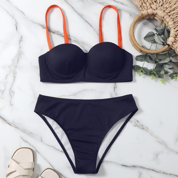 

Rib Adjustable Strap Underwire Bikini Swimsuit, Navy blue