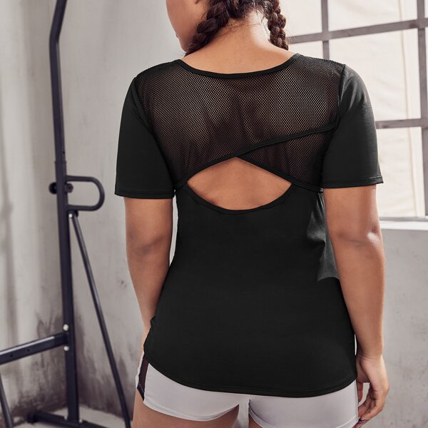 

Plus Fishnet Yoke Peekaboo Back Sports Top, Black