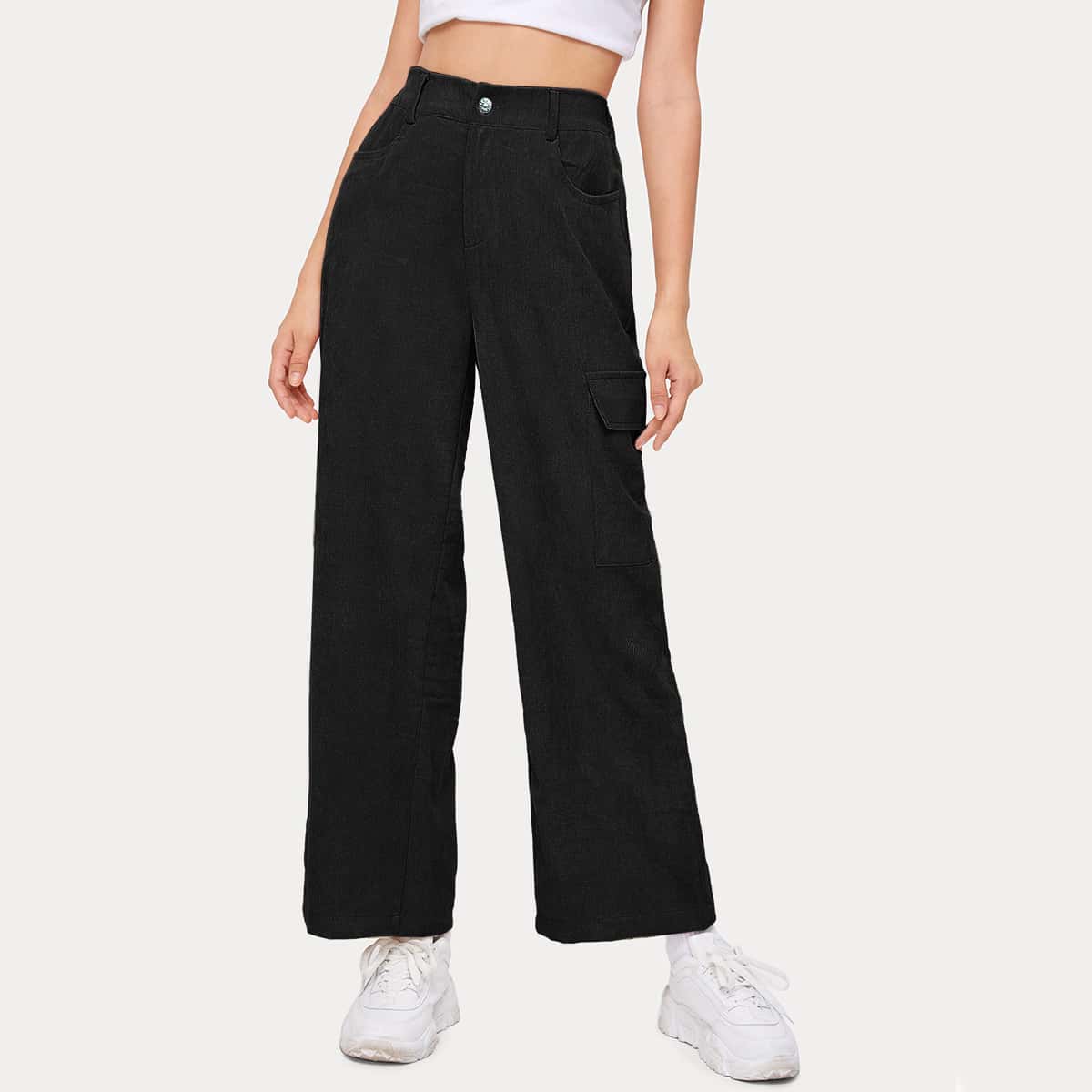 

Solid Corduroy Pocket Pants, Black