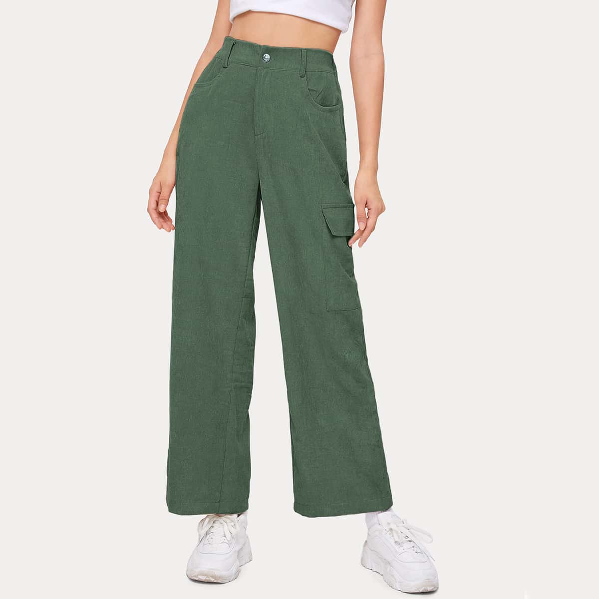 

Solid Corduroy Pocket Pants, Green