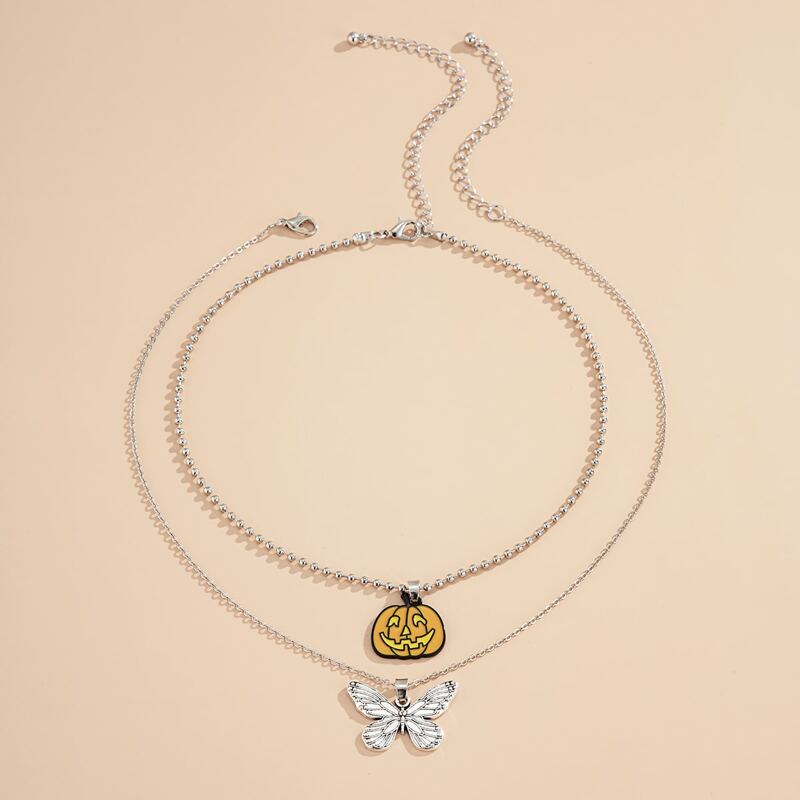 

2pcs Halloween Pumpkin & Butterfly Pendant Necklace, Silver