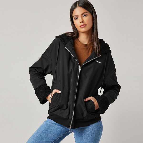 

Patch Detail Shearling Panel Slogan Graphic Jacket, Black