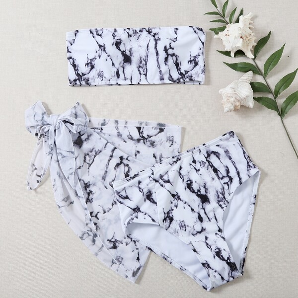 

3pack Marble Print Bandeau Bikini Swimsuit With Beach Skirt, Black and white