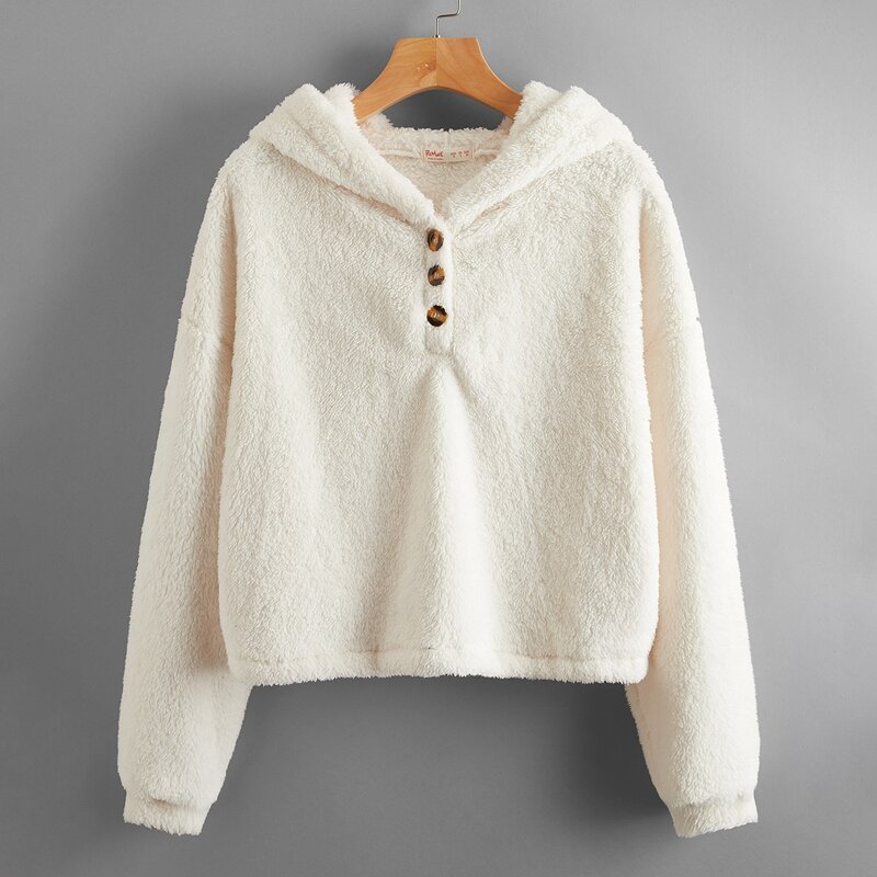 

Solid Button Teddy Hoodie, White