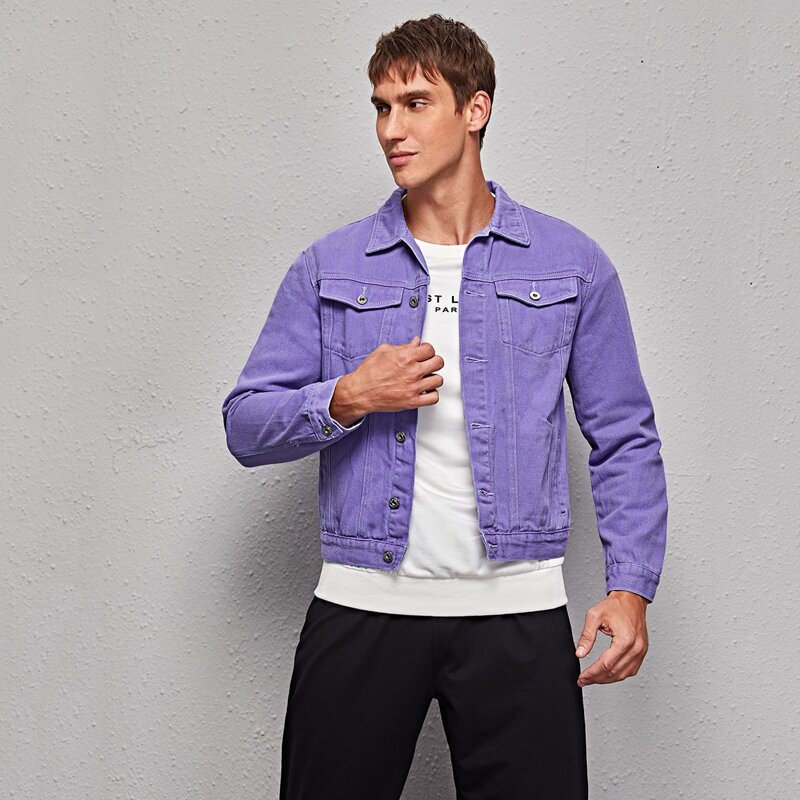 

Guys Single Breasted Flap Pocket Denim Jacket, Violet purple