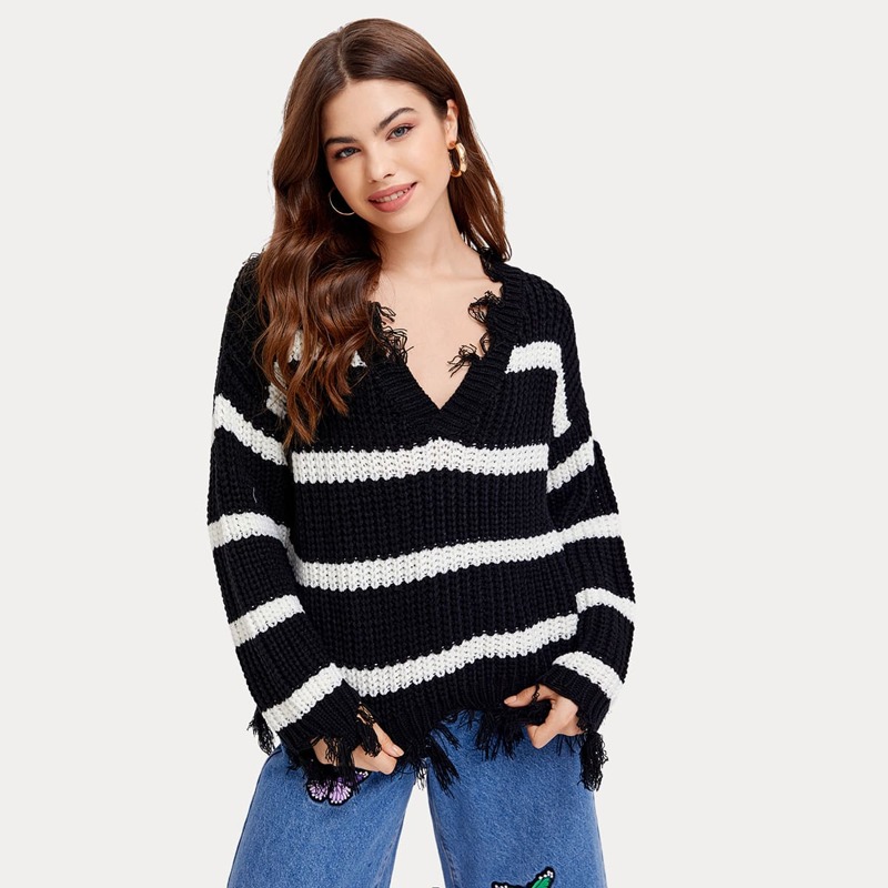 

Distressed Colorblock Sweater, Black and white