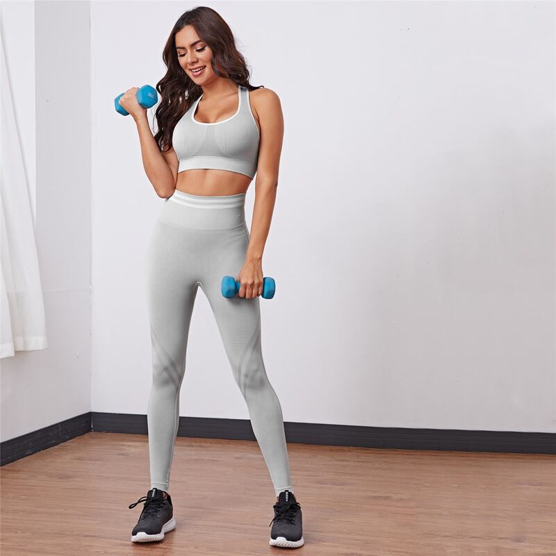 

Racer Back Sports Bra & Striped Waist Leggings, Light grey
