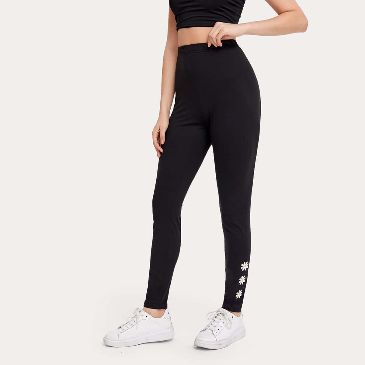 Daisy Graphic Leggings, Black