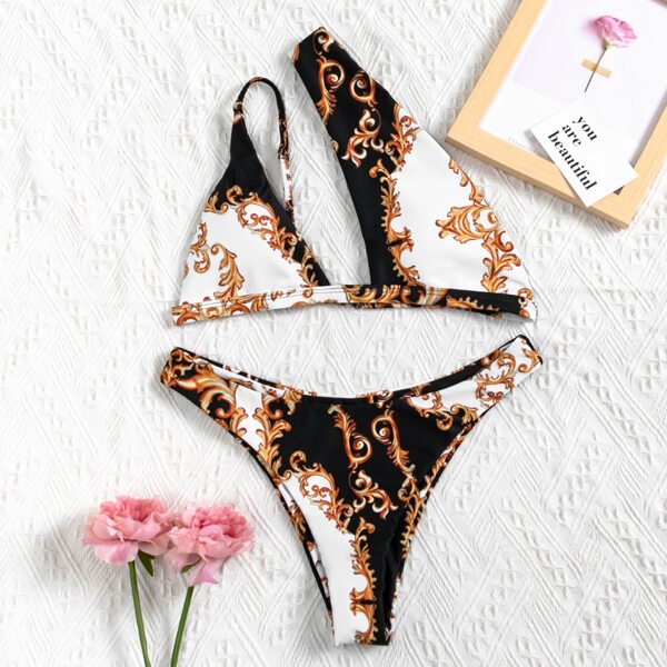 

Barque Print Cut-out One Shoulder Bikini Swimsuit, Multicolor