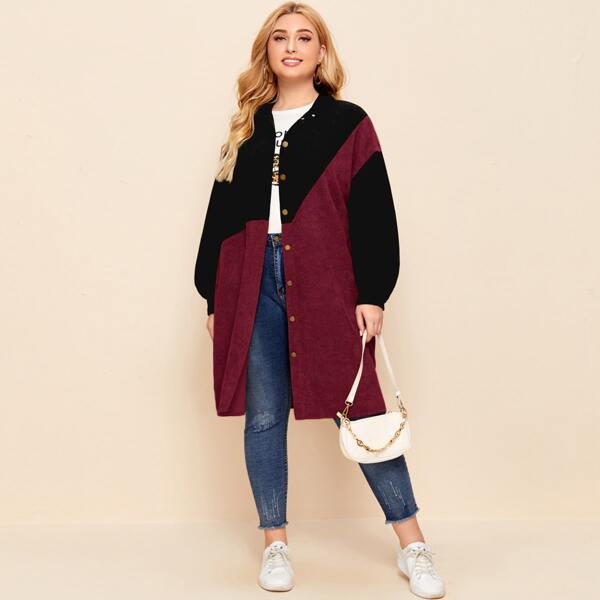 

Plus Button Front Color Block Cord Coat, Maroon