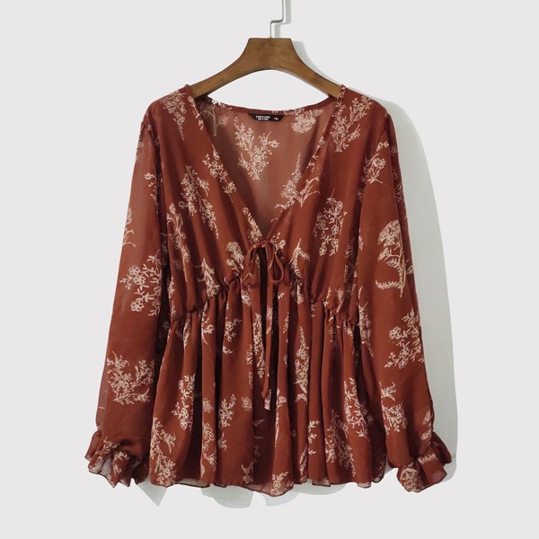 

Plus Knot Front Plants Print Peplum Blouse, Burnt orange