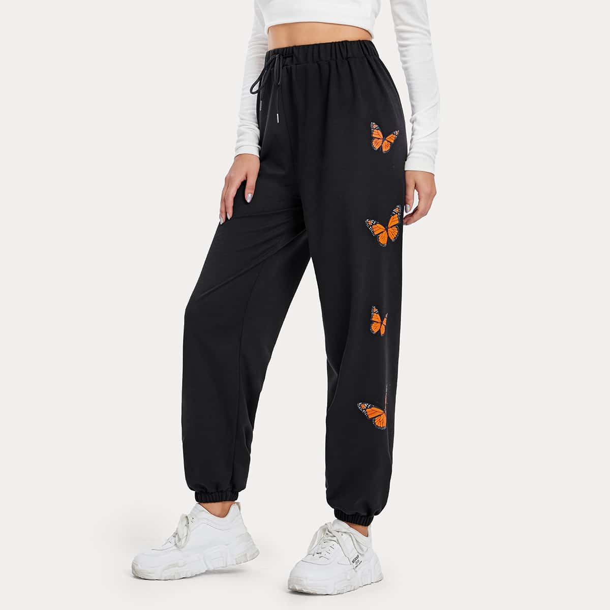 

Butterfly Graphic Drawstring Sweatpants, Black