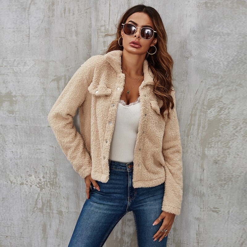 

Drop Shoulder Button Front Teddy Jacket, Apricot