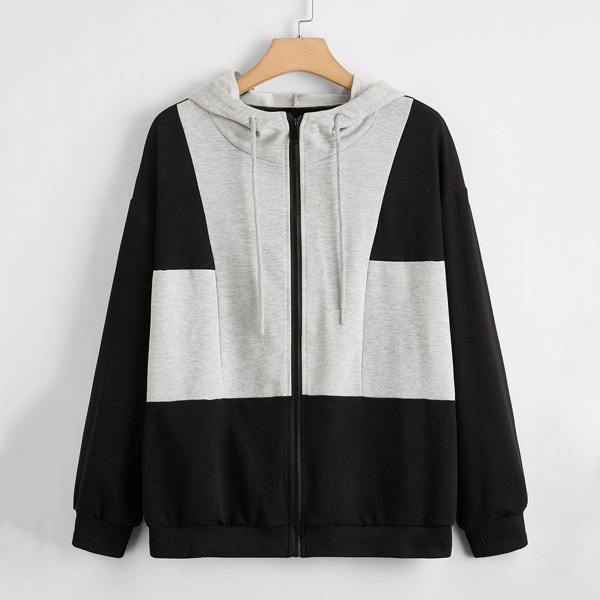 

Plus Two Tone Zip Up Drawstring Hoodie, Multicolor