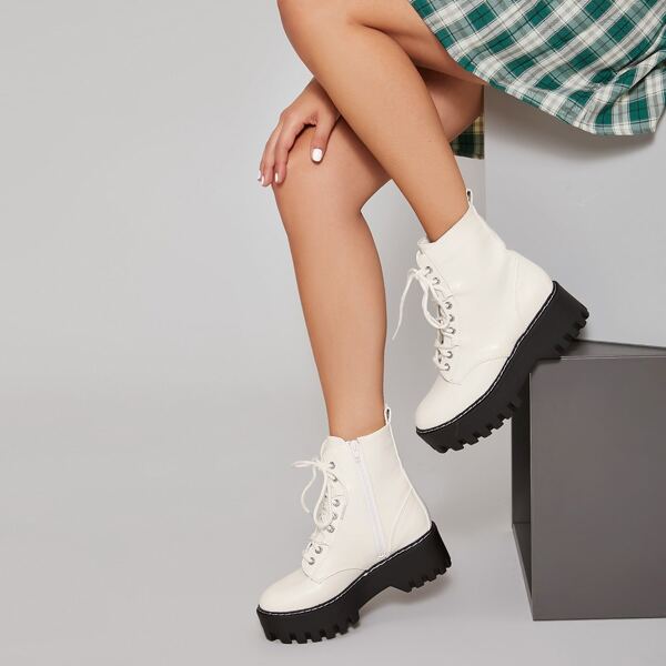 

Lace-Up Platform Lug Sole Zippered Ankle Boots, White