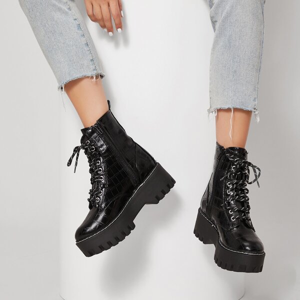 

Faux Croc Leather Chunky Platform Combat Boots, Black