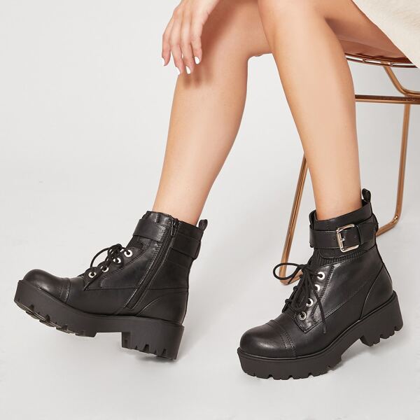 

Faux Leather Buckled Lug Sole Booties, Black
