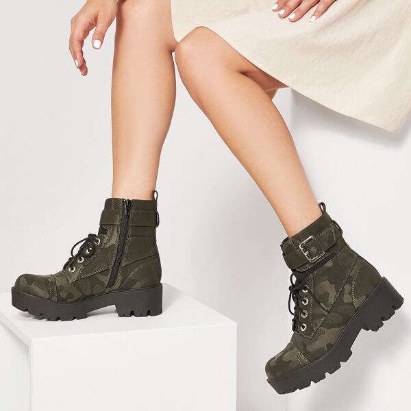 

Camo Print Buckled Zip-Up Combat Boots, Army green