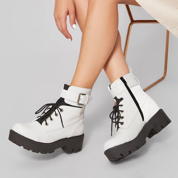 

Vegan Leather Buckled Lace-Up Ankle Boots, White