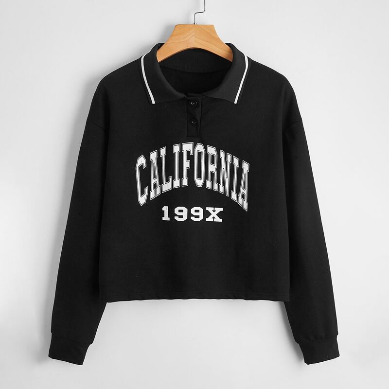 

Letter Polo Crop Sweatshirt, Black
