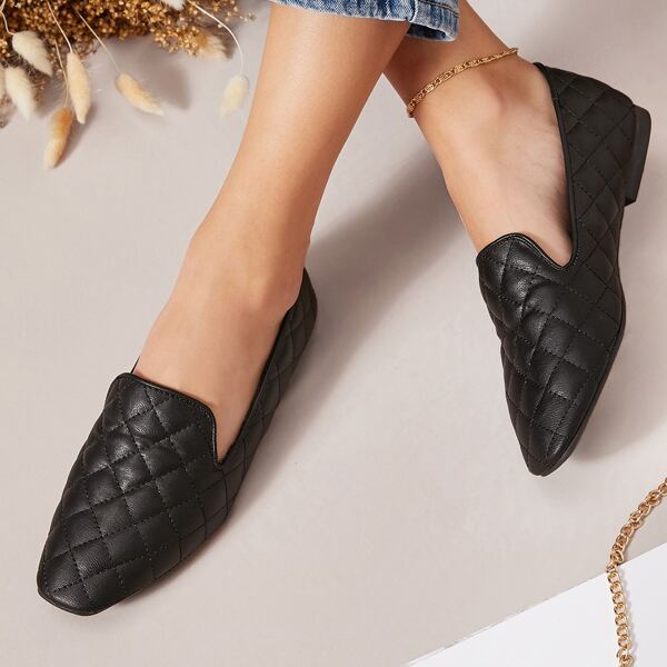 

Padded Vegan Leather Notched Flat Loafers, Black
