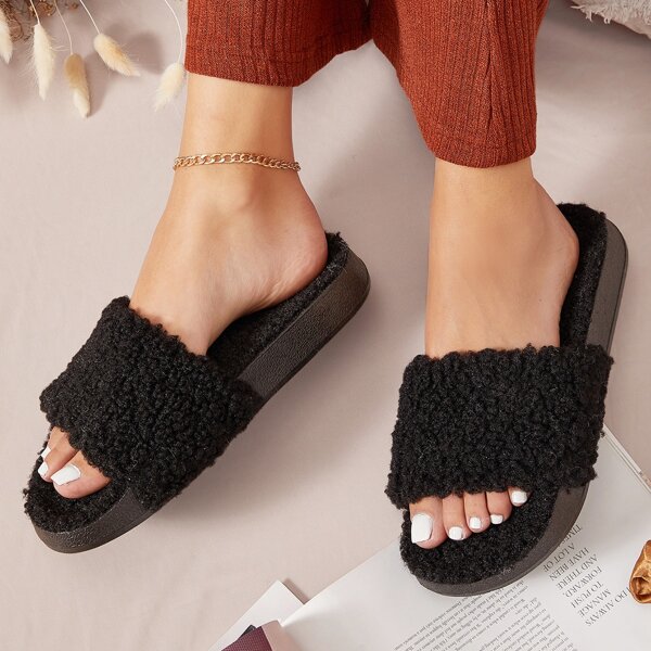 

Faux Shearling Footbed Slide Sandals, Black