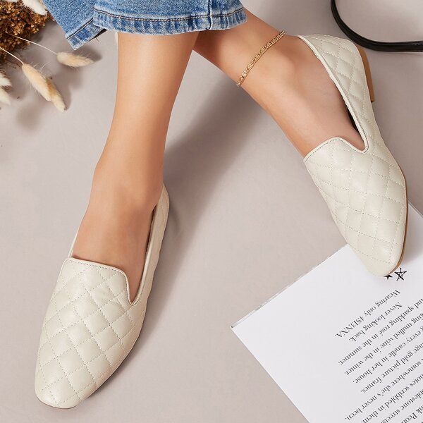 

Quilted Faux Leather Notched Slip-On Loafers, Beige