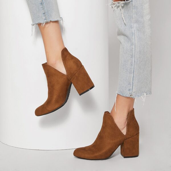 

Vegan Suede Notched High Block Heel Boots, Brown