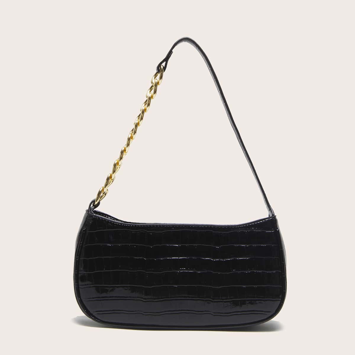 

Croc Embossed Baguette Bag, Black