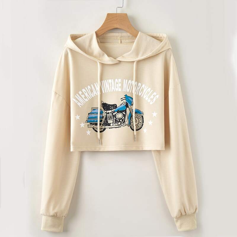 

Letter Motorcycle Graphic Crop Hoodie, Khaki