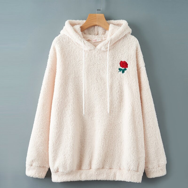 

Floral Embroidery Fluffy Drawstring Hoodie, White