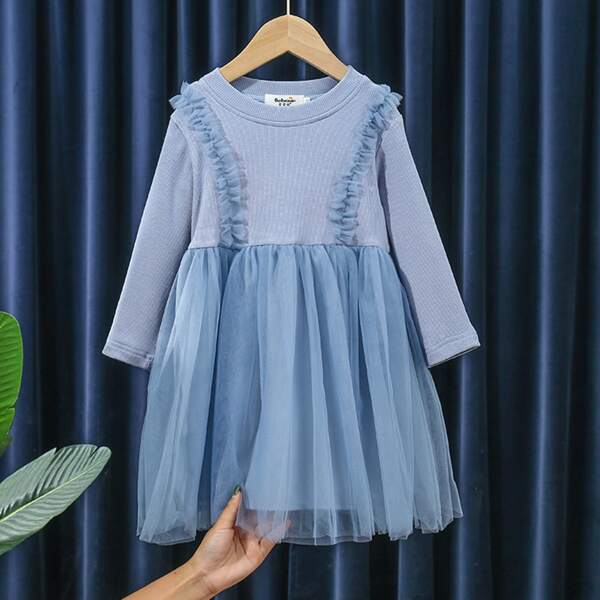 

Toddler Girls Contrast Mesh Frill Trim Smock Dress, Blue