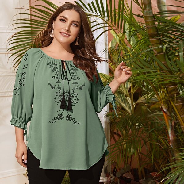 

Plus Floral Print Tie Neck Drawstring Cuff Blouse, Mint green