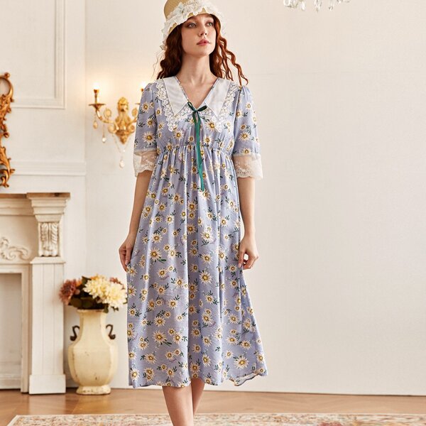 

Allover Floral Lace Panel Nightdress, Dusty blue