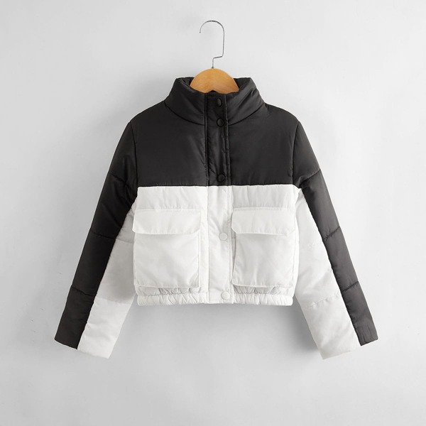 

Girls Single Breasted Colorblock Flap Pocket Puffer Jacket, Black and white