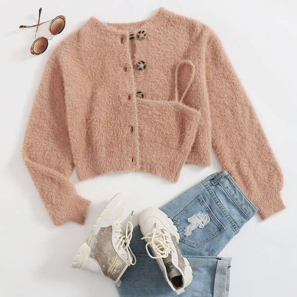

Plus Button Front Cardigan With Fuzzy Knit Top, Dusty pink