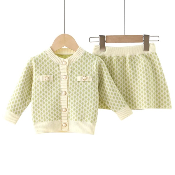 

Toddler Girls Argyle Pattern Pearls Button Cardigan & Knit Skirt, Lime green
