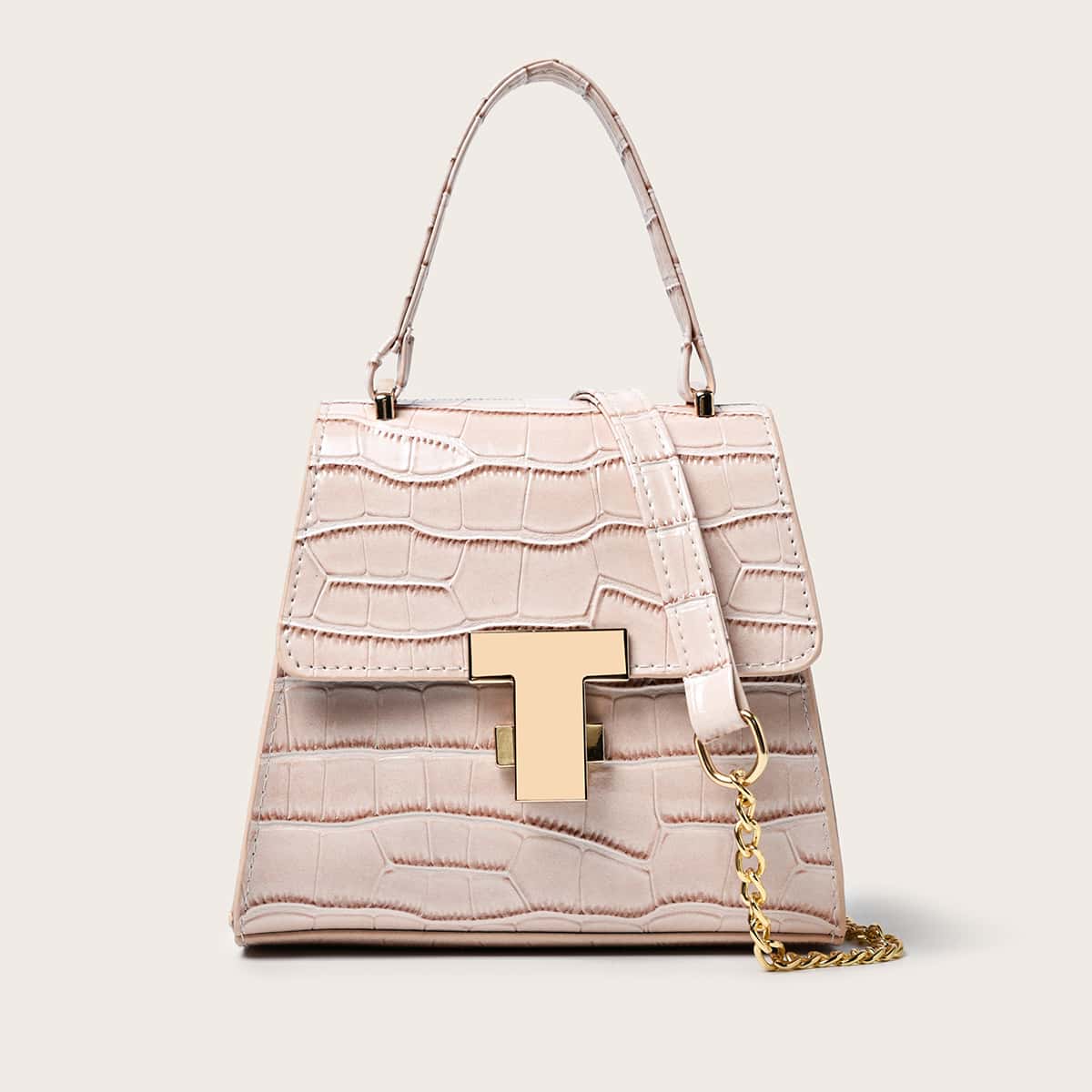 

Croc Embossed Satchel Bag, Beige