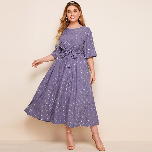 

Plus Gilding Grid Print Belted A-line Dress, Red violet