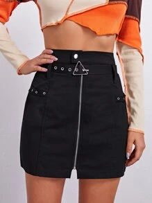 拉鏈腰帶半身裙 - 黑色 - 查看 3